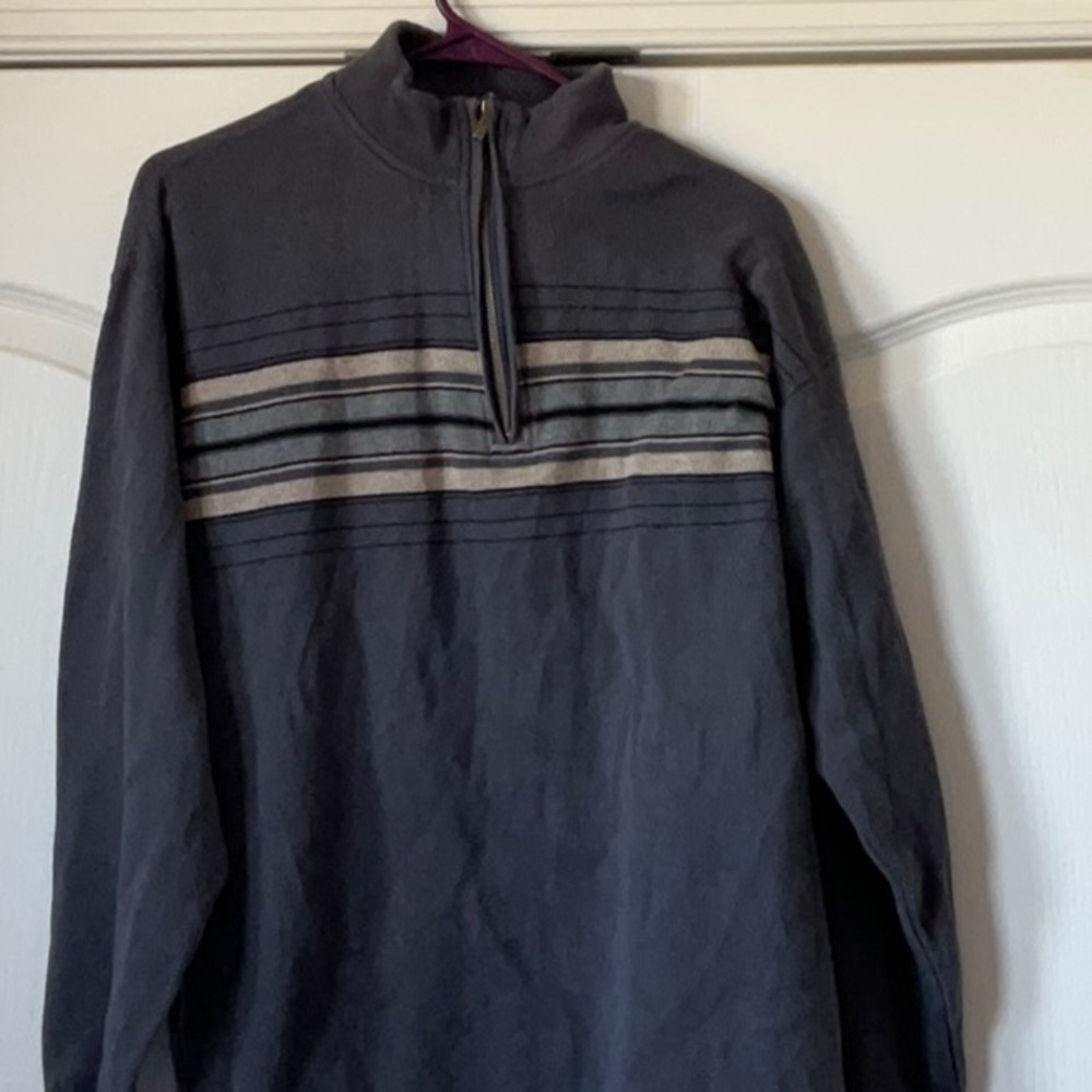 Dark Charcoal Gray Zip Up Sweater with High Collar and Horizontal Stripes